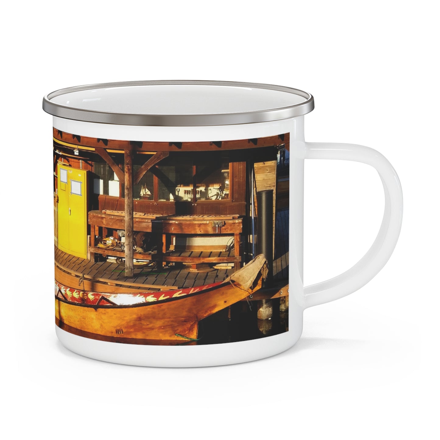 Hand Carved Canoe Reflections - Enamel Camping Mug 12oz