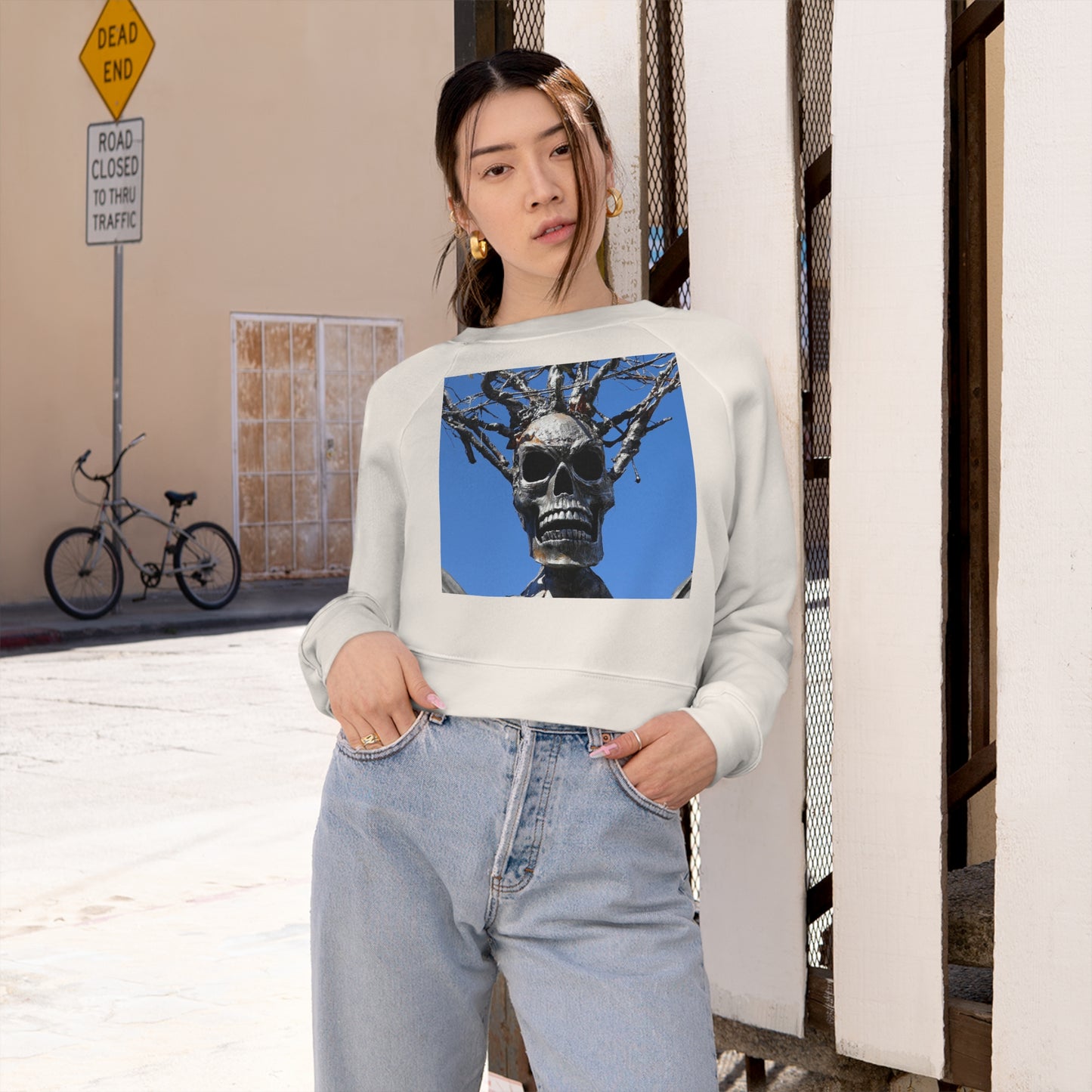 Skull Warrior Stare - Women's Cropped Fleece Pullover - Fry1Productions