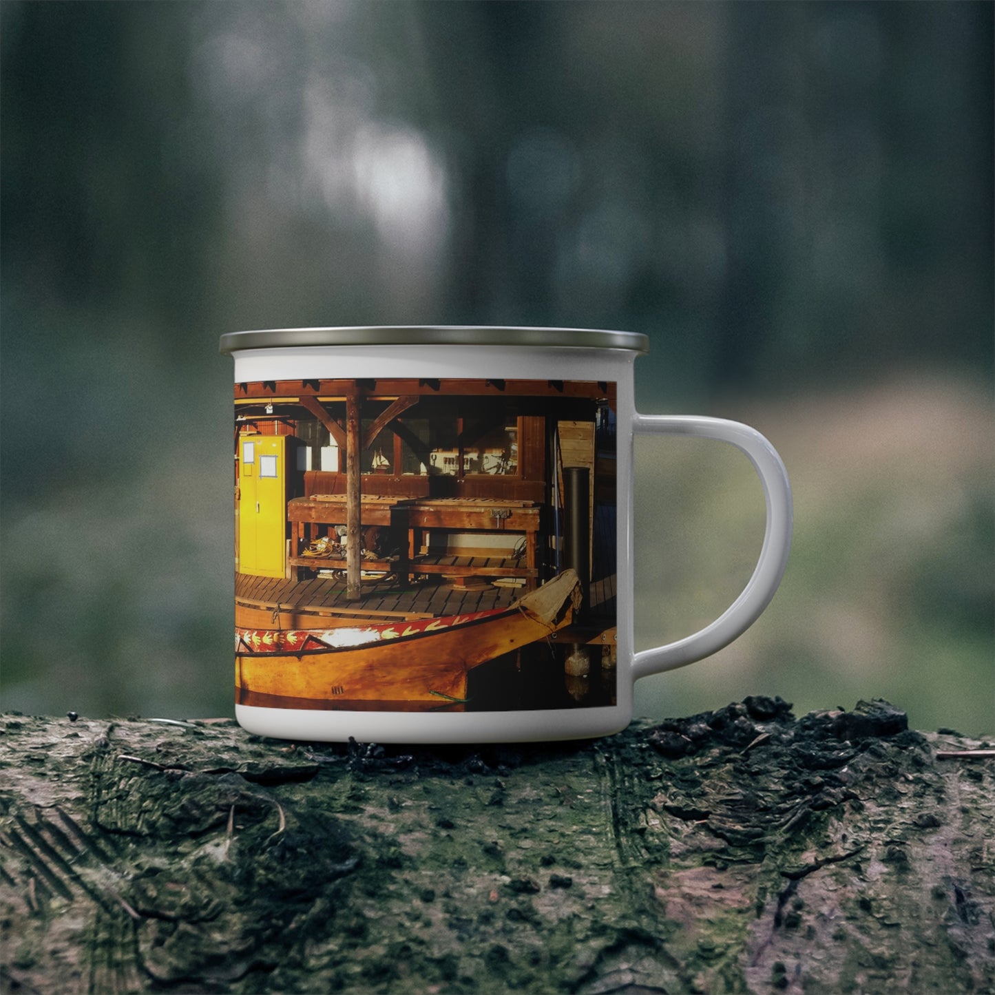 Hand Carved Canoe Reflections - Enamel Camping Mug 12oz