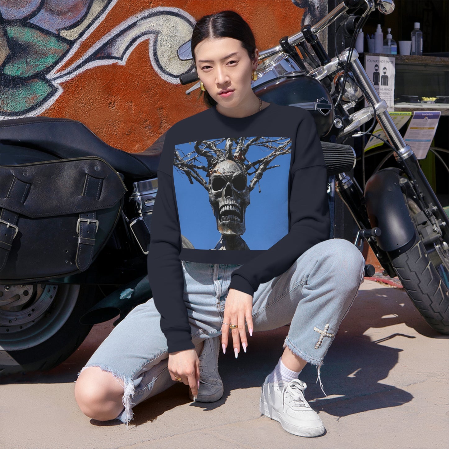 Skull Warrior Stare - Women's Cropped Sweatshirt - Fry1Productions