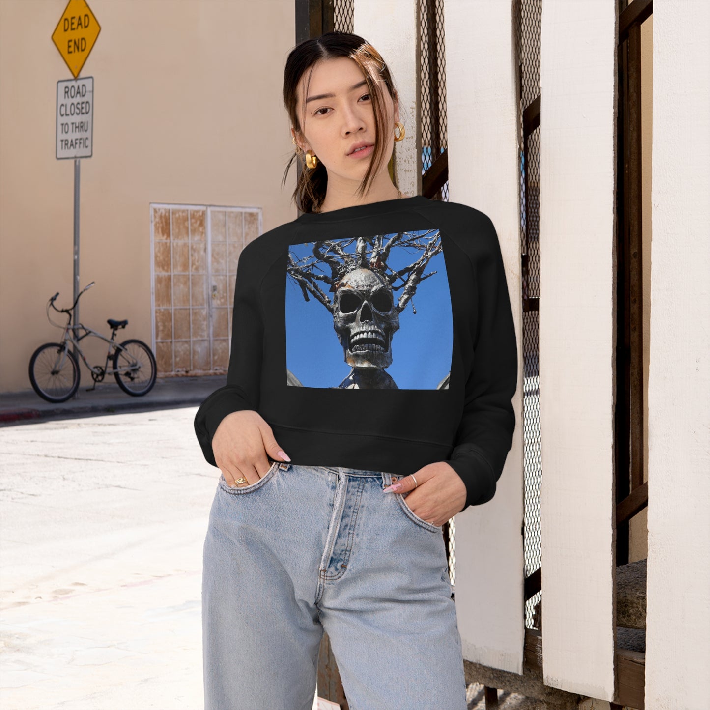 Skull Warrior Stare - Women's Cropped Fleece Pullover - Fry1Productions