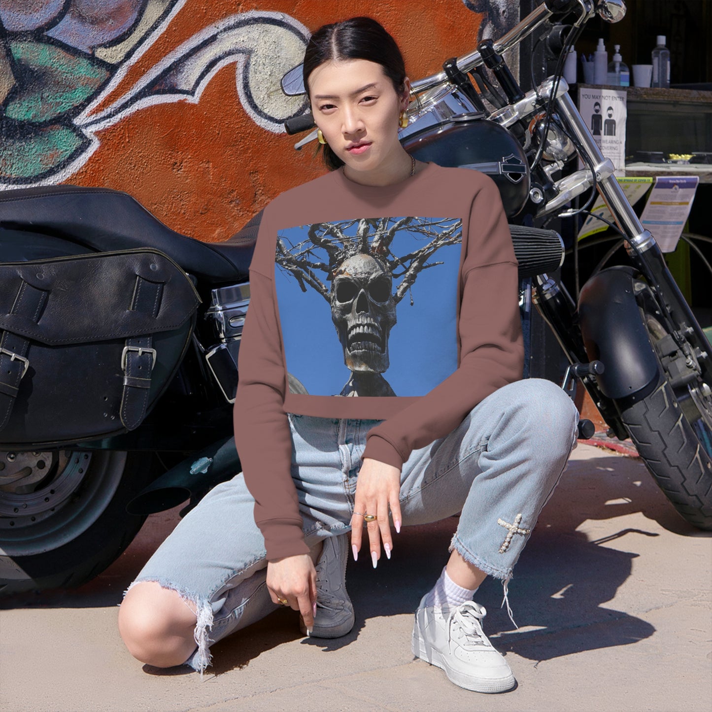 Skull Warrior Stare - Women's Cropped Sweatshirt - Fry1Productions