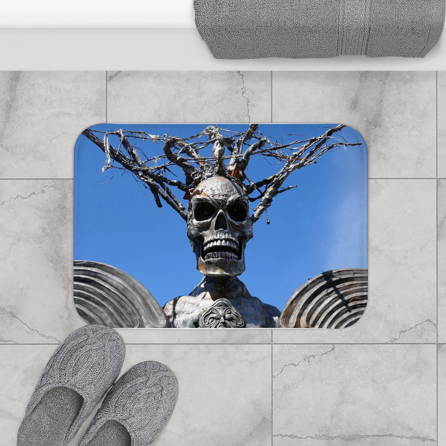 Skull Warrior Stare - Microfiber Bath Mat - Fry1Productions