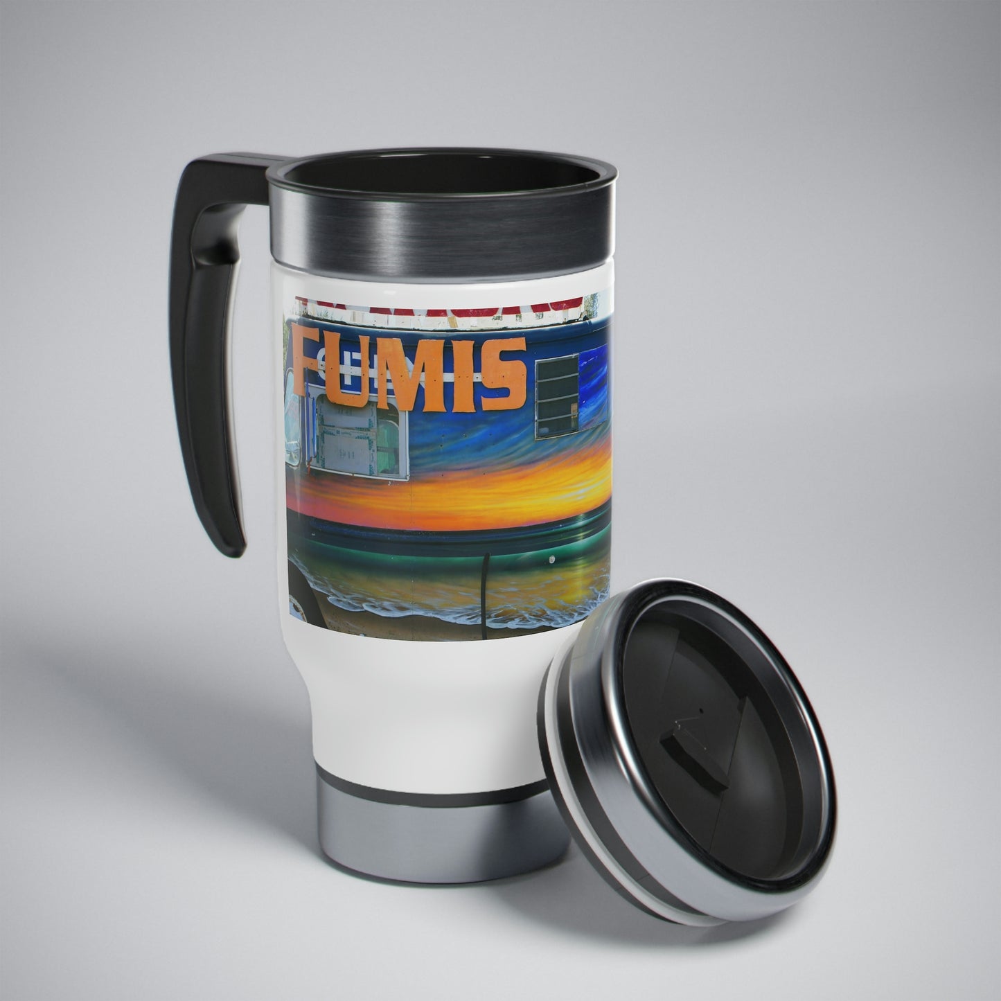 Fumis Aloha - Stainless Steel Travel Mug with Handle, 14oz - Fry1Productions
