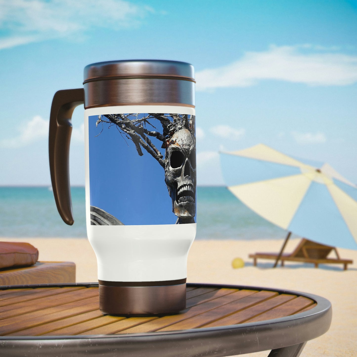 Skull Warrior Stare - Stainless Steel Travel Mug with Handle, 14oz - Fry1Productions