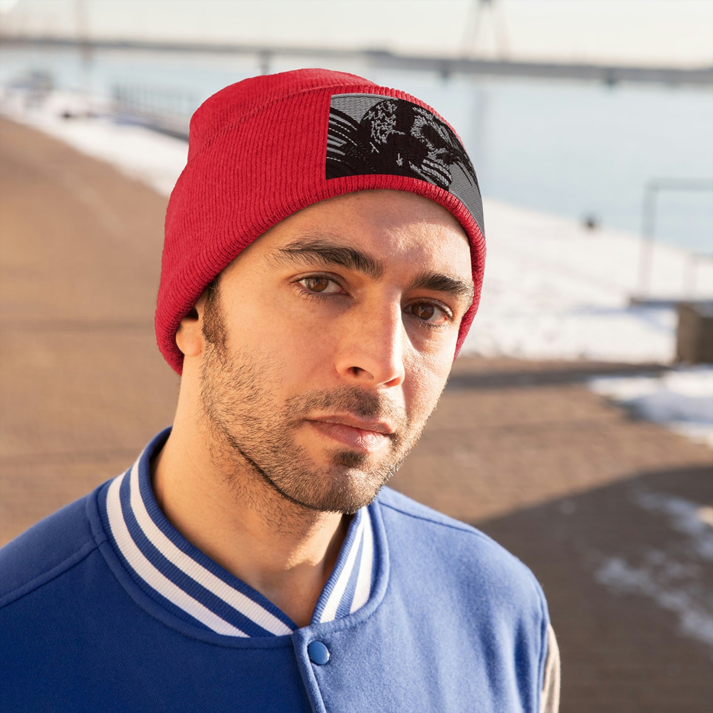 Skull Warrior (b&w) - Unisex Knit Beanie - Fry1Productions