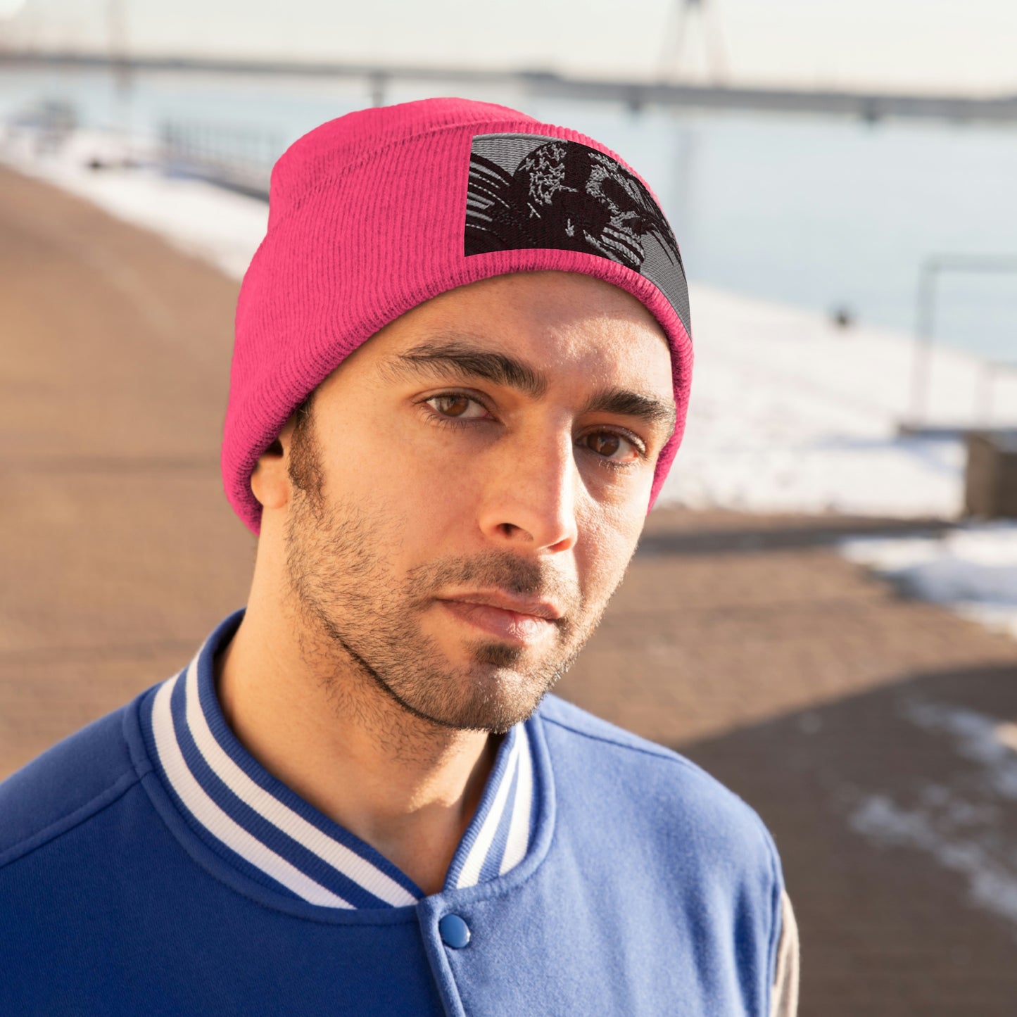 Skull Warrior (b&w) - Unisex Knit Beanie - Fry1Productions