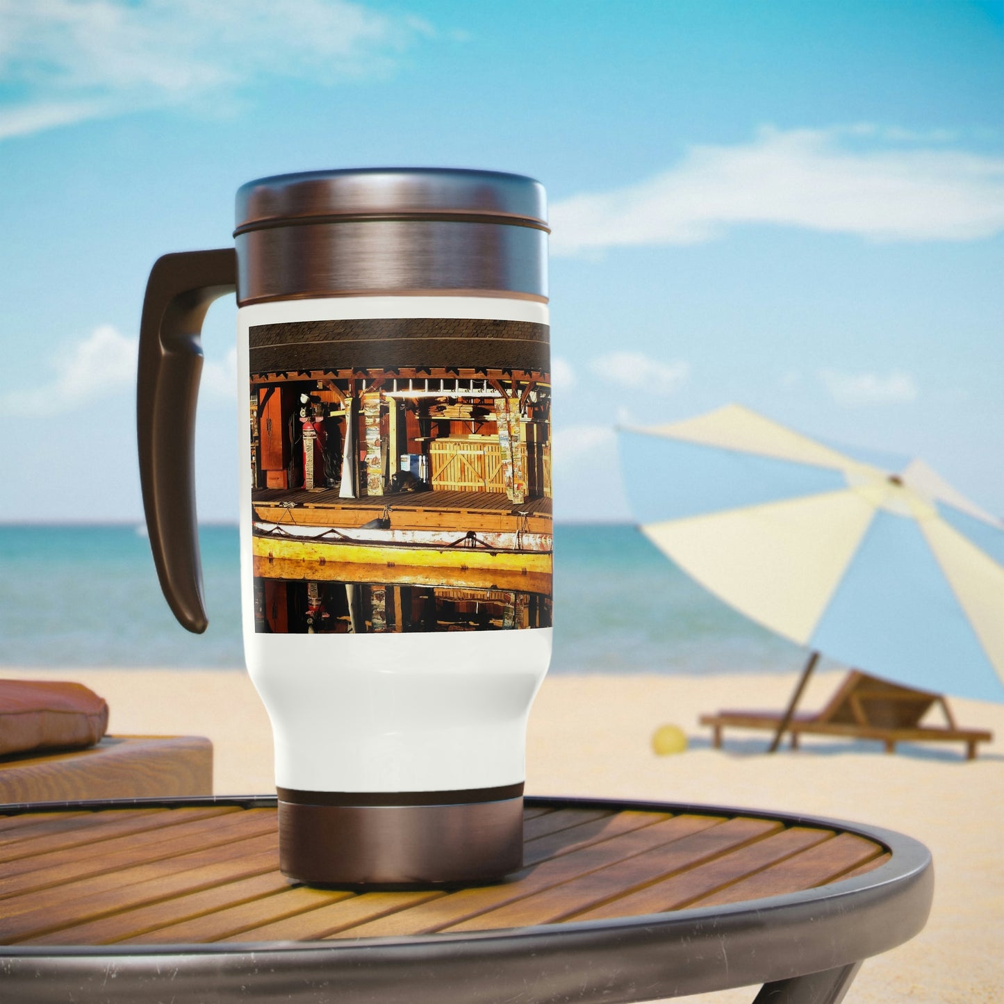 Hand Carved Canoe Reflections - Stainless Steel Travel Mug with Handle, 14oz - Fry1Productions