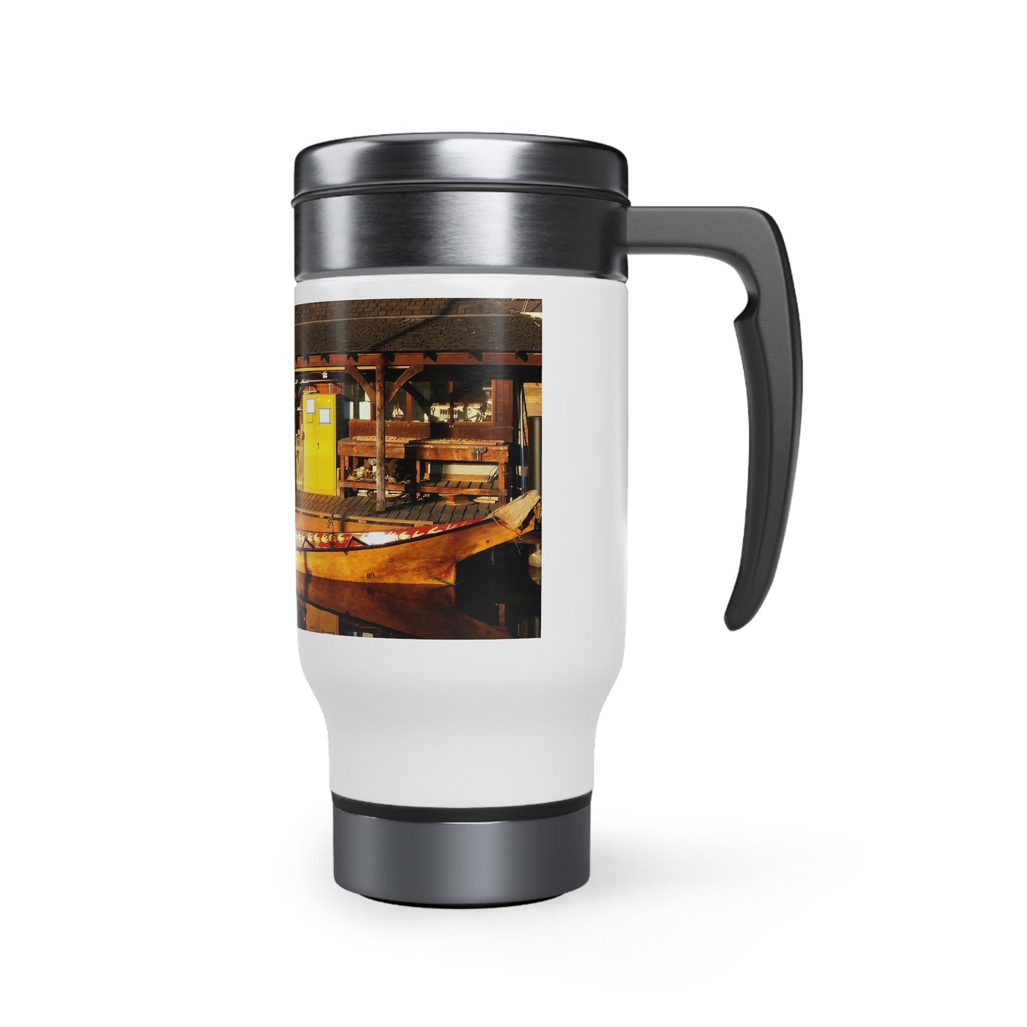 Hand Carved Canoe Reflections - Stainless Steel Travel Mug with Handle, 14oz - Fry1Productions