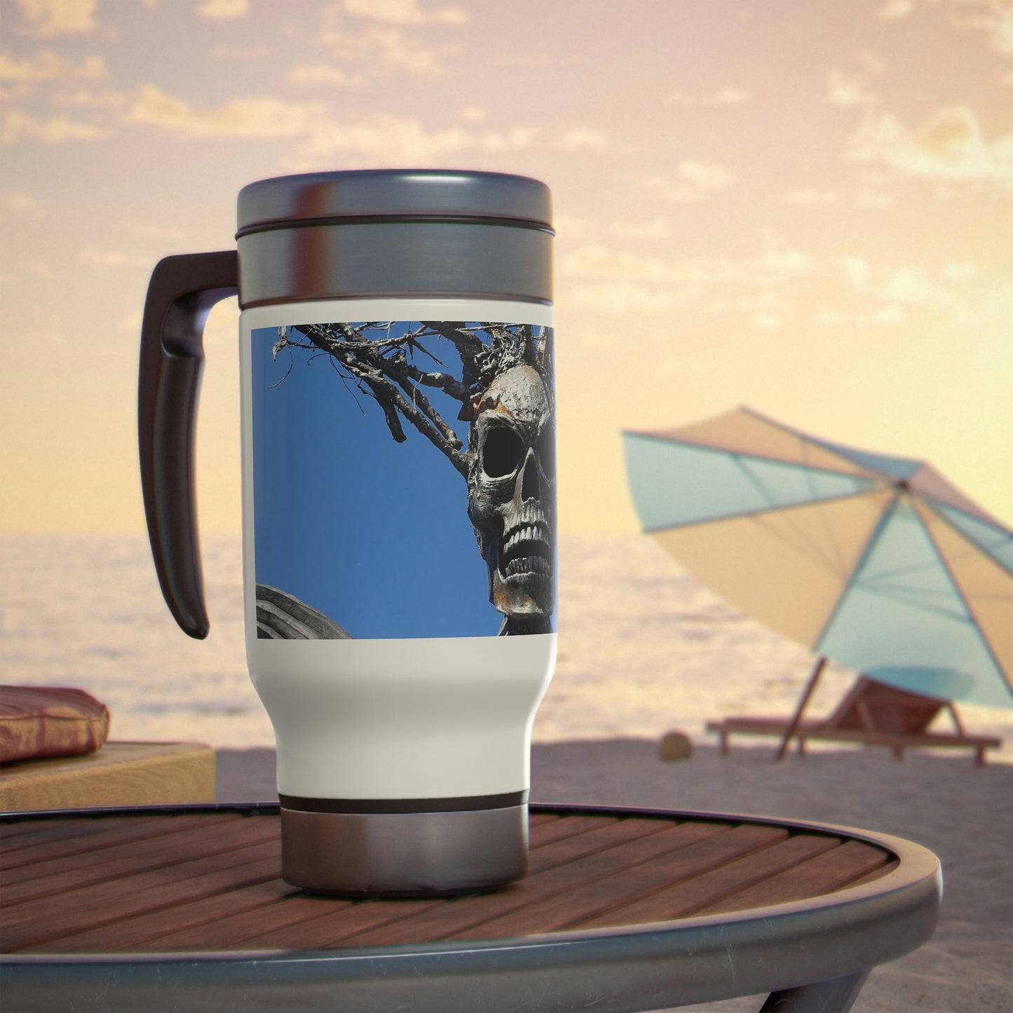 Skull Warrior Stare - Stainless Steel Travel Mug with Handle, 14oz - Fry1Productions