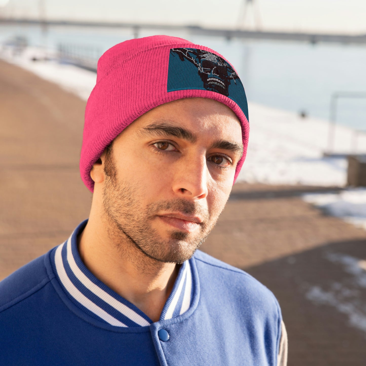 Skull Warrior Stare (color) - Unisex Knit Beanie - Fry1Productions