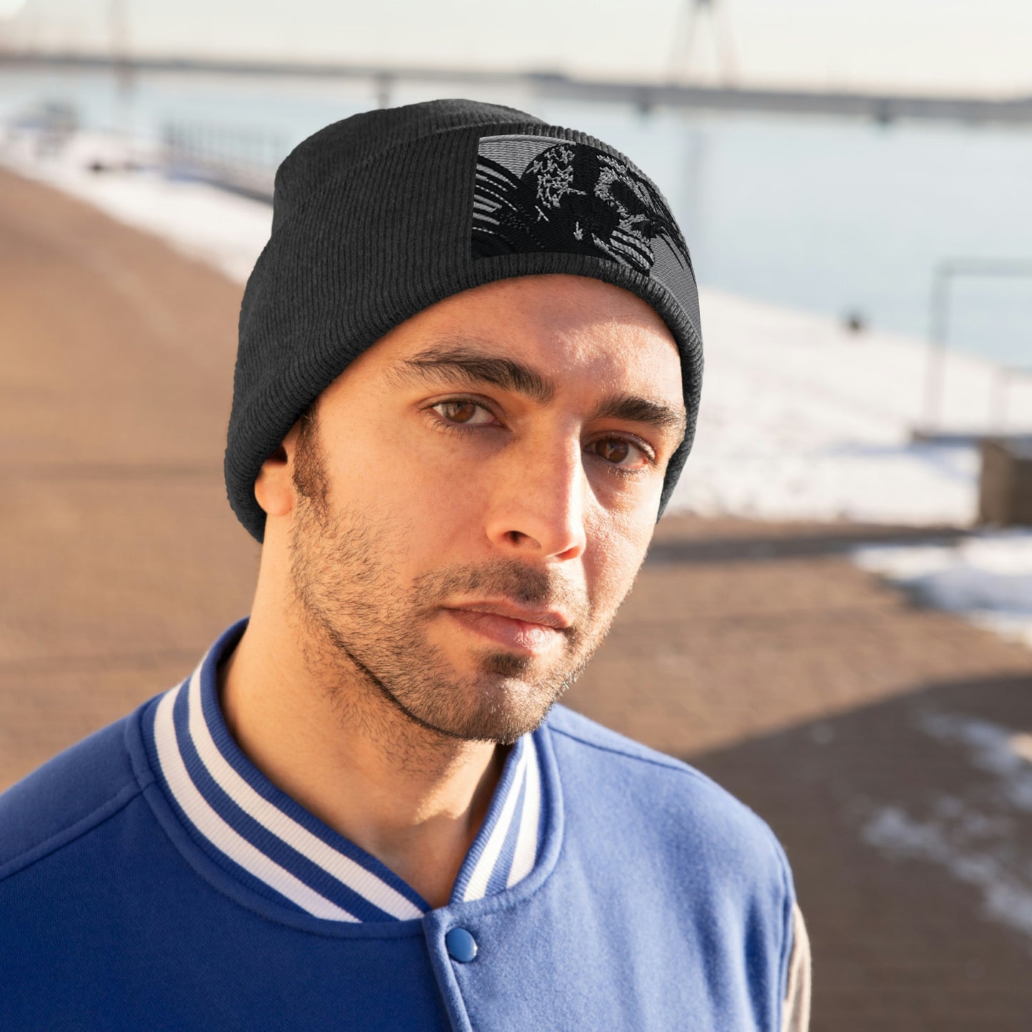 Skull Warrior (b&w) - Unisex Knit Beanie - Fry1Productions