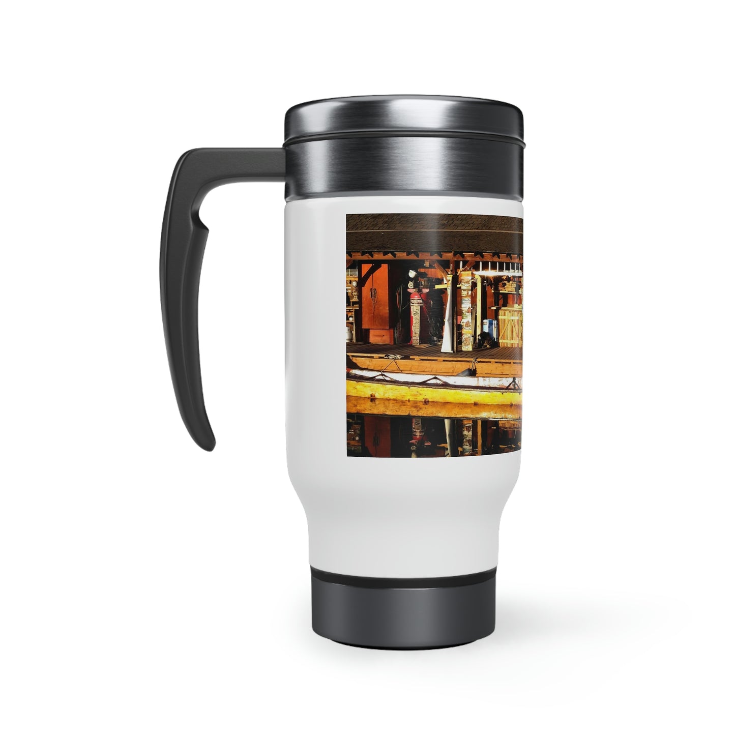Hand Carved Canoe Reflections - Stainless Steel Travel Mug with Handle, 14oz - Fry1Productions