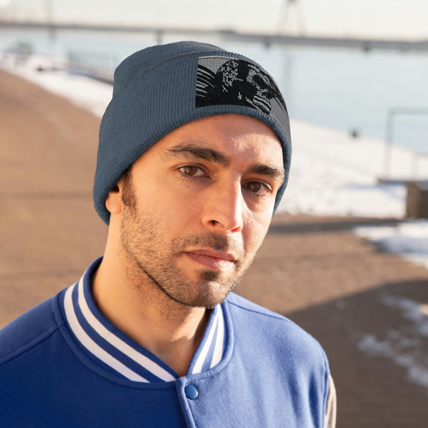 Skull Warrior (b&w) - Unisex Knit Beanie - Fry1Productions
