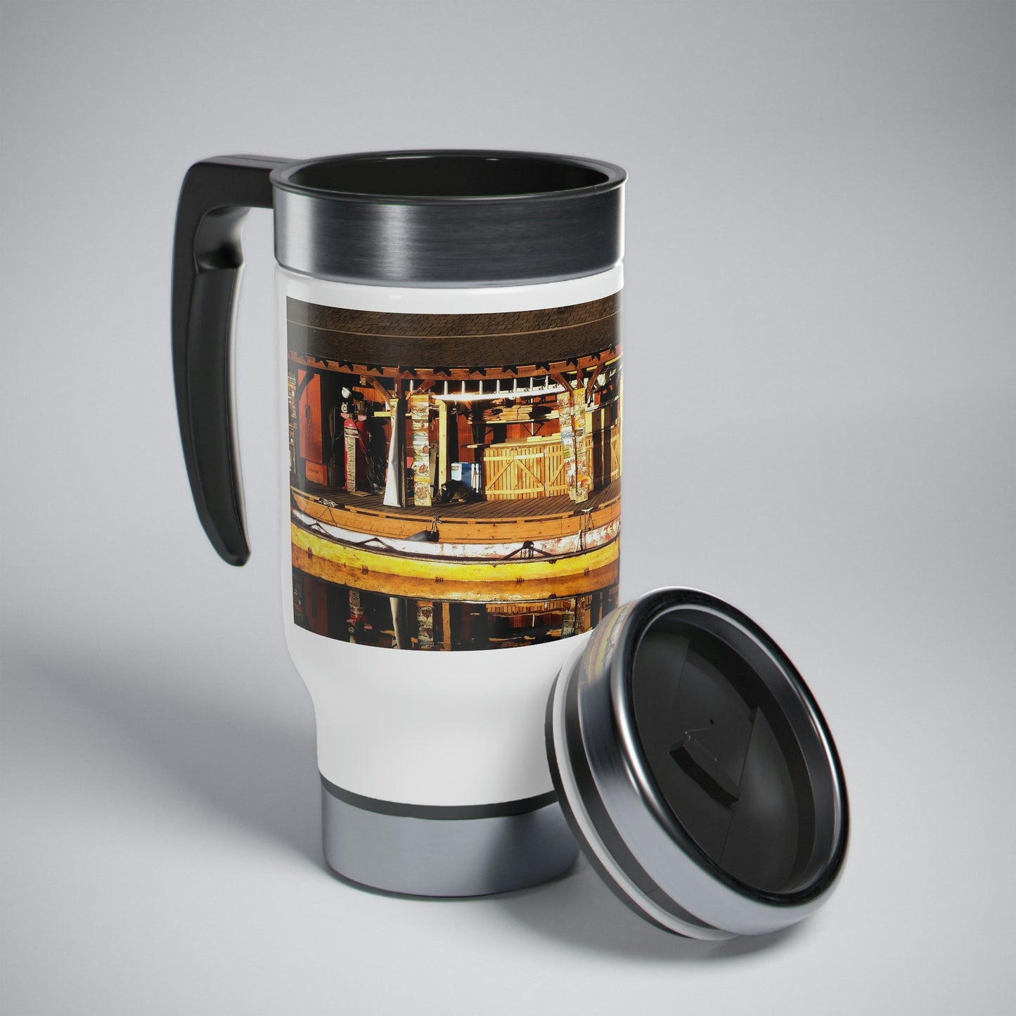 Hand Carved Canoe Reflections - Stainless Steel Travel Mug with Handle, 14oz - Fry1Productions