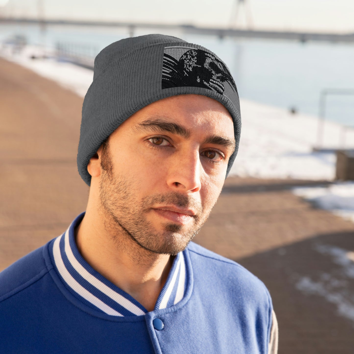Skull Warrior (b&w) - Unisex Knit Beanie - Fry1Productions