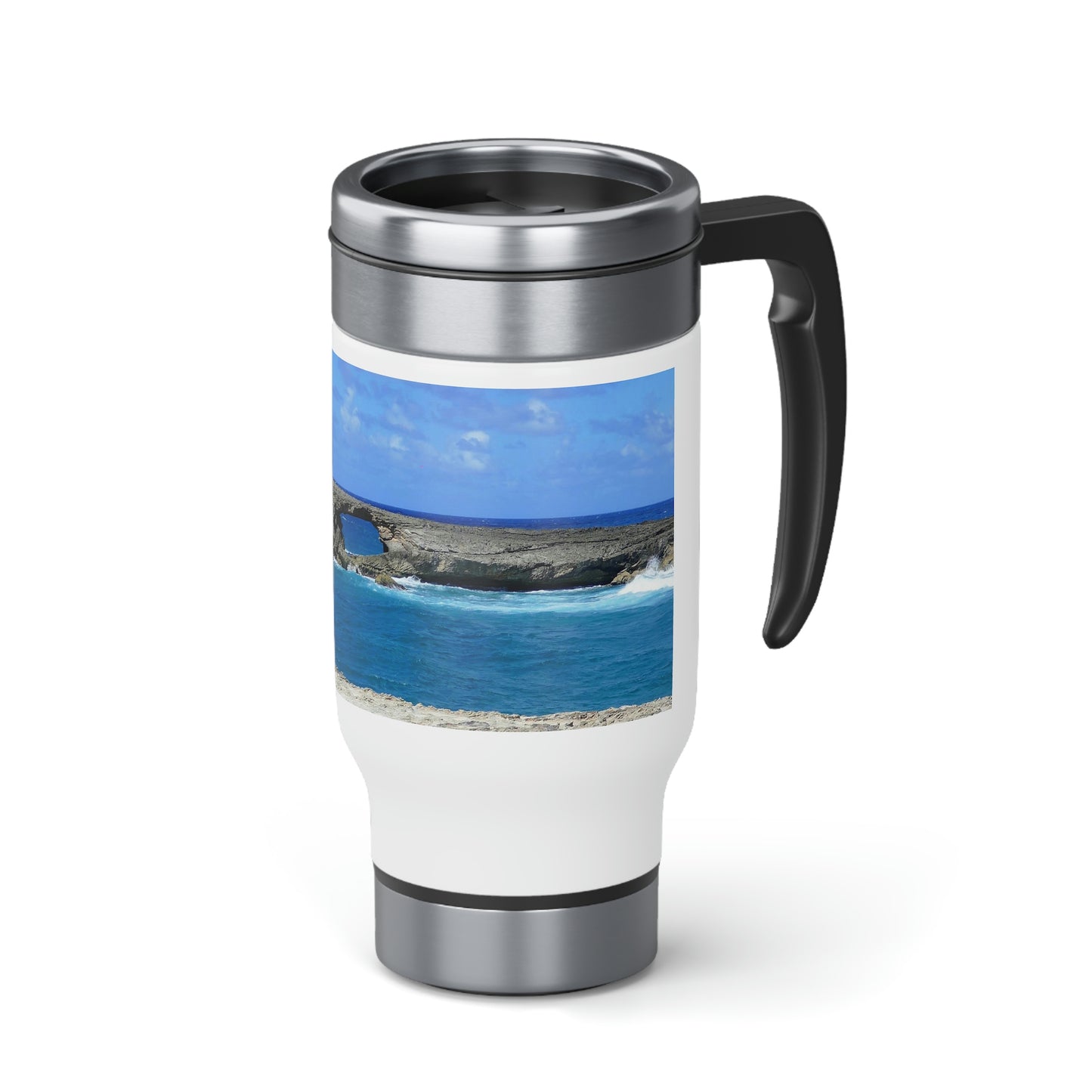 La'ie's Sea Arch Hole - Stainless Steel Travel Mug with Handle, 14oz - Fry1Productions
