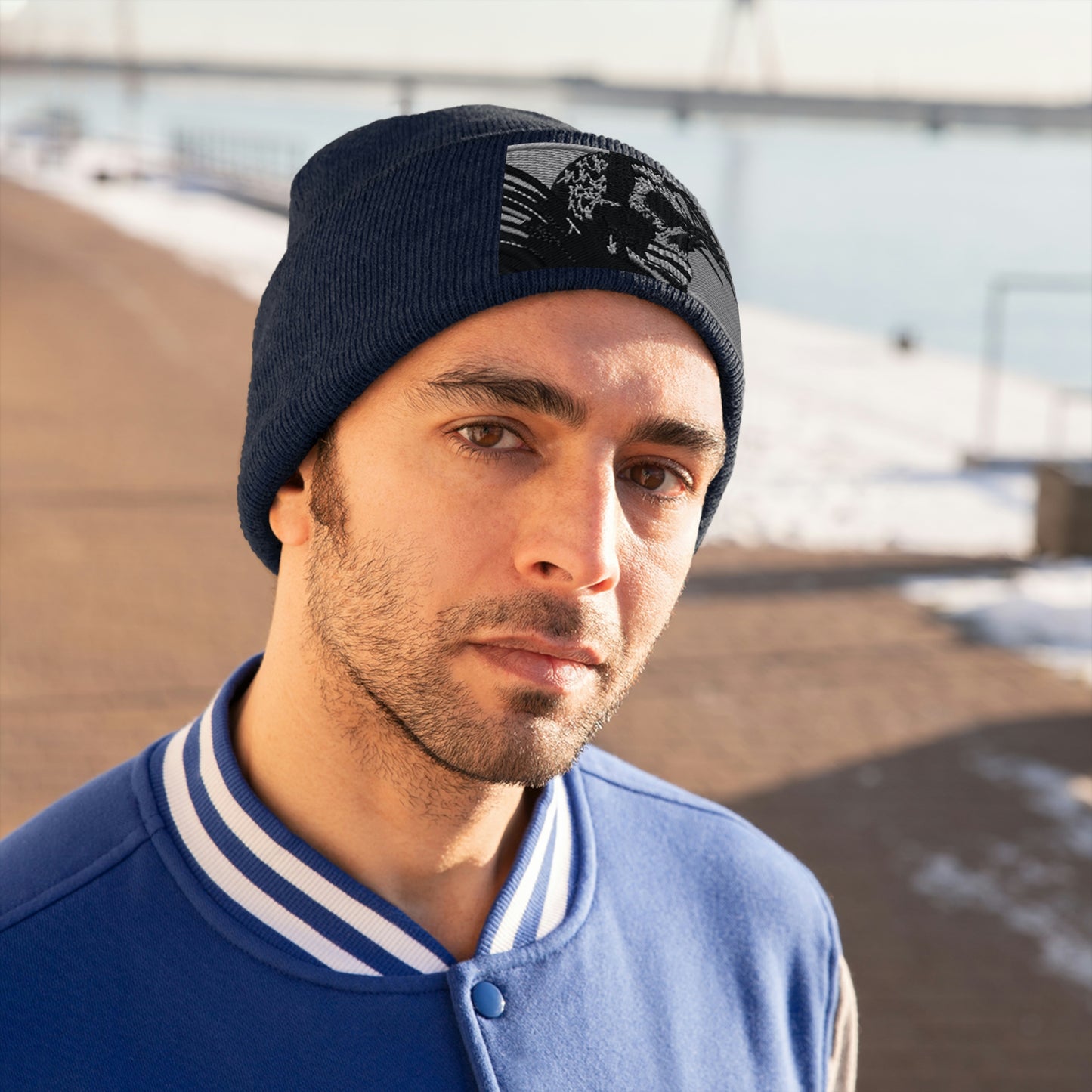 Skull Warrior (b&w) - Unisex Knit Beanie - Fry1Productions