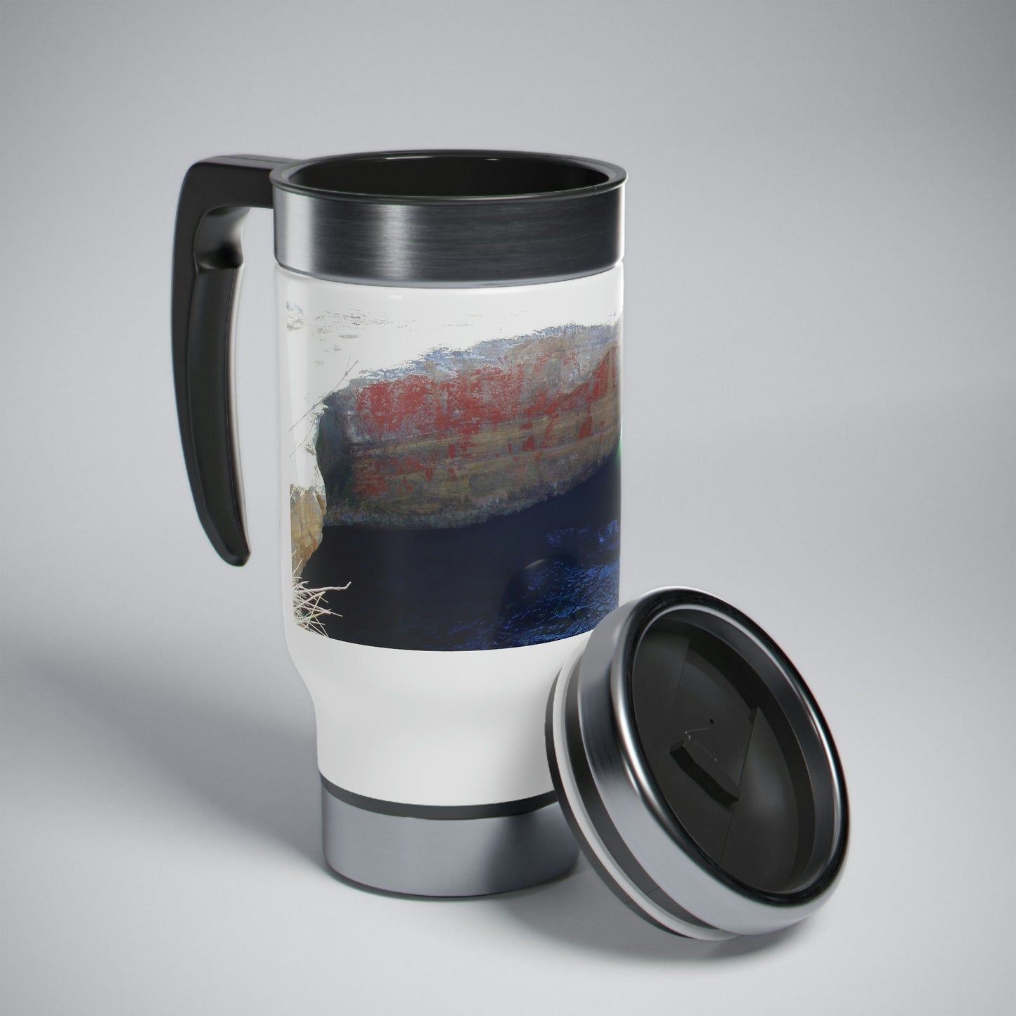 The Devil's Cauldron's Oasis - Stainless Steel Travel Mug with Handle, 14oz - Fry1Productions