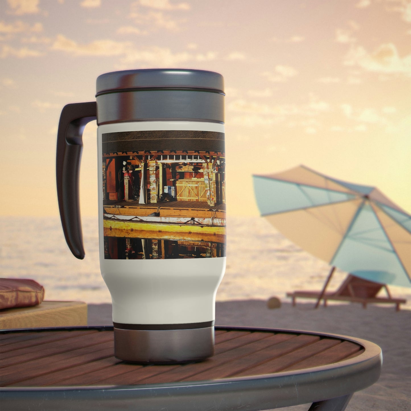 Hand Carved Canoe Reflections - Stainless Steel Travel Mug with Handle, 14oz - Fry1Productions