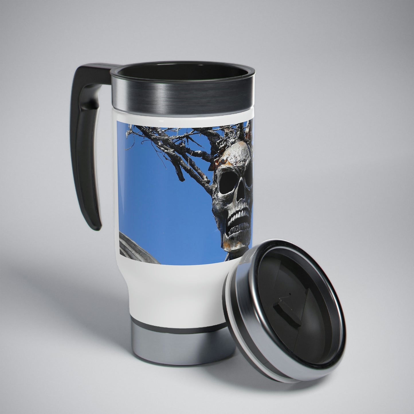 Skull Warrior Stare - Stainless Steel Travel Mug with Handle, 14oz - Fry1Productions