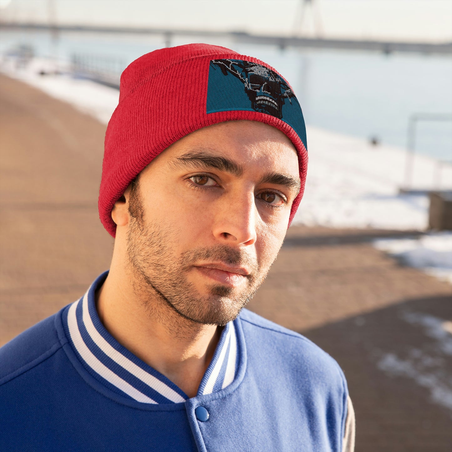 Skull Warrior Stare (color) - Unisex Knit Beanie - Fry1Productions
