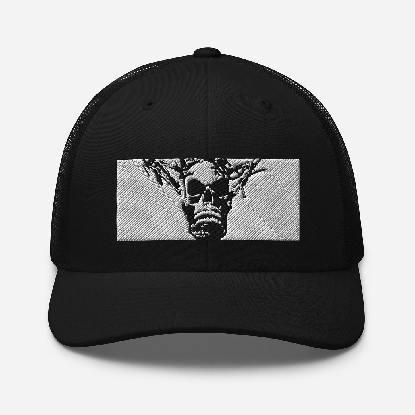 Skull Warrior Stare (Black & White) - Retro Trucker Hat - Fry1Productions