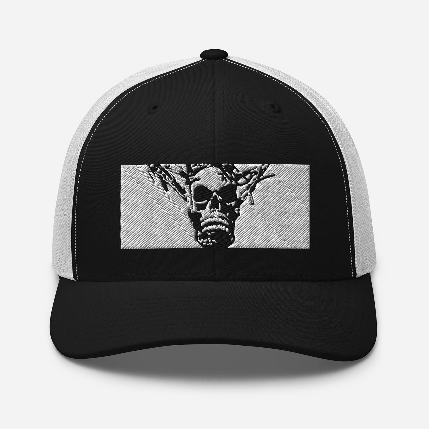 Skull Warrior Stare (Black & White) - Retro Trucker Hat - Fry1Productions