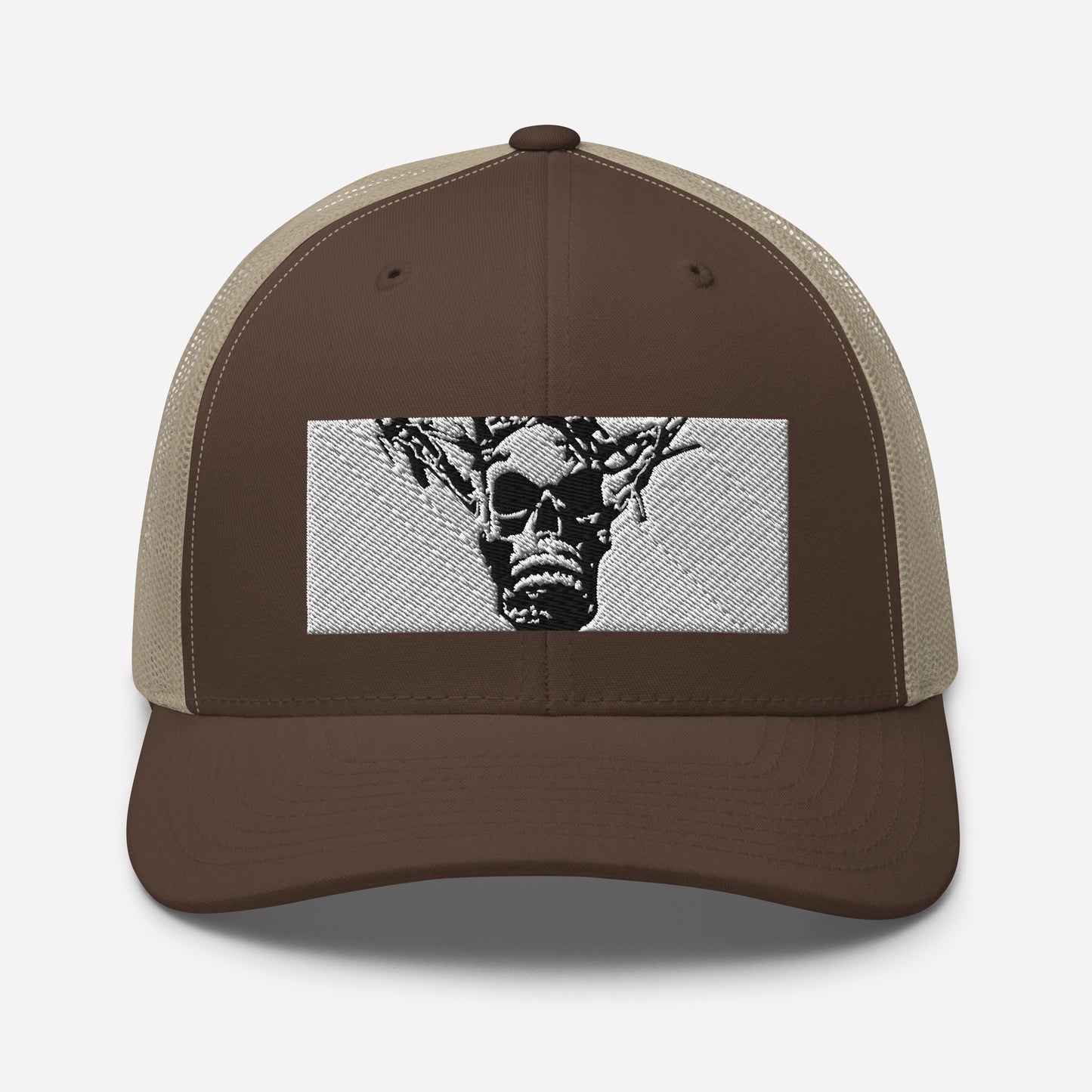 Skull Warrior Stare (Black & White) - Retro Trucker Hat - Fry1Productions