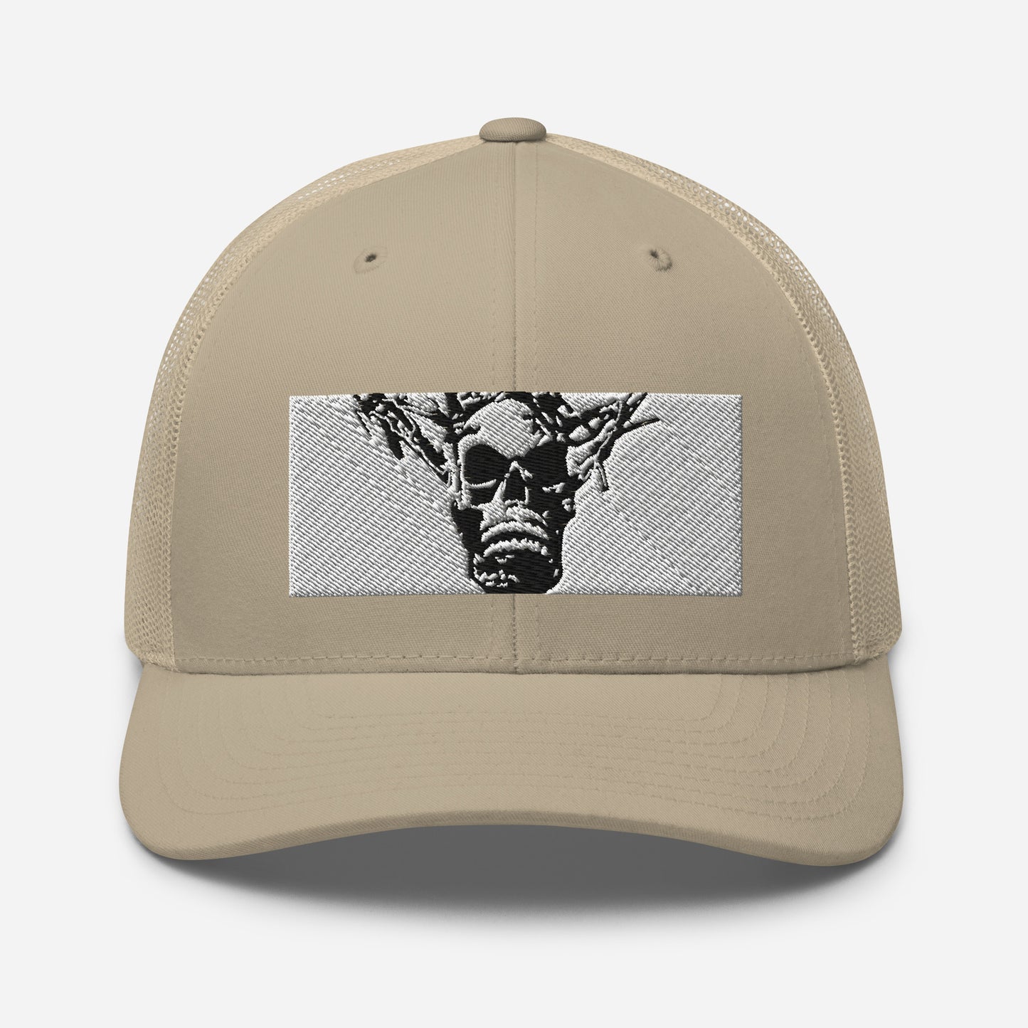 Skull Warrior Stare (Black & White) - Retro Trucker Hat - Fry1Productions