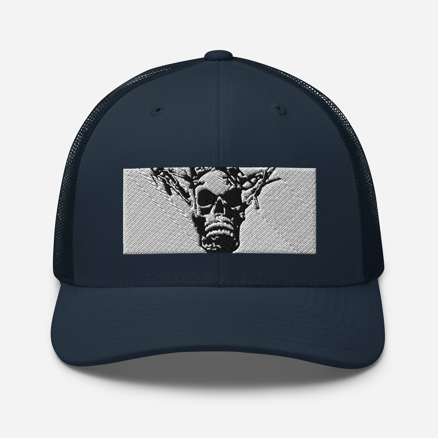 Skull Warrior Stare (Black & White) - Retro Trucker Hat - Fry1Productions