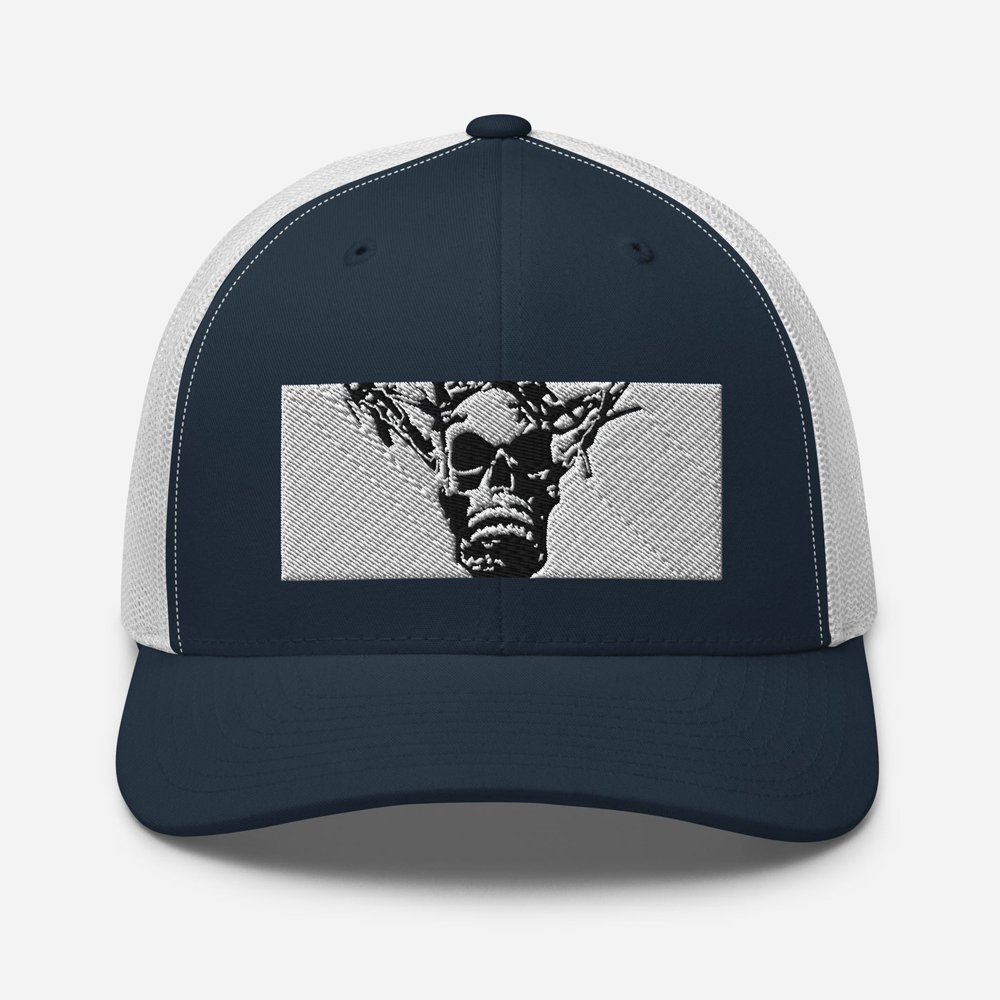 Skull Warrior Stare (Black & White) - Retro Trucker Hat - Fry1Productions