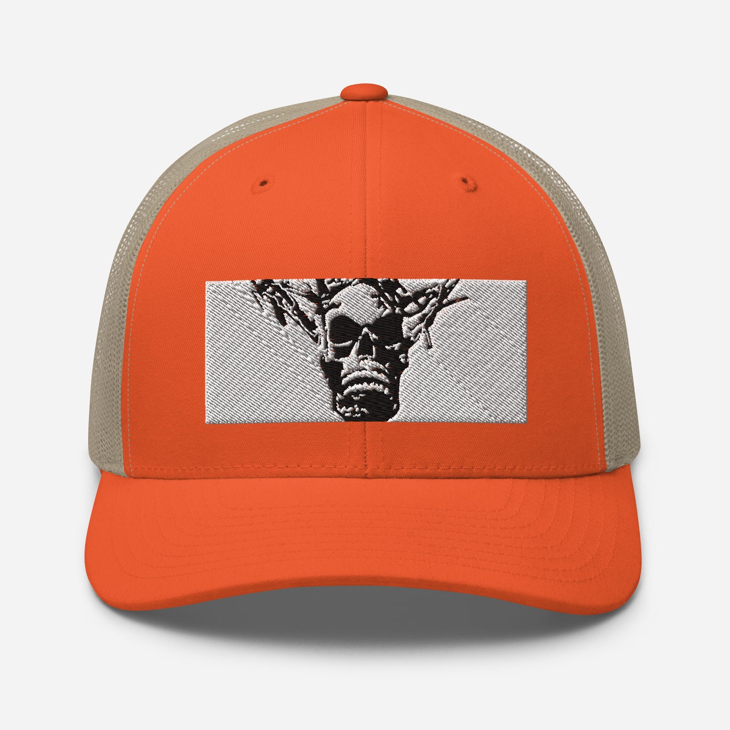 Skull Warrior Stare (Black & White) - Retro Trucker Hat - Fry1Productions