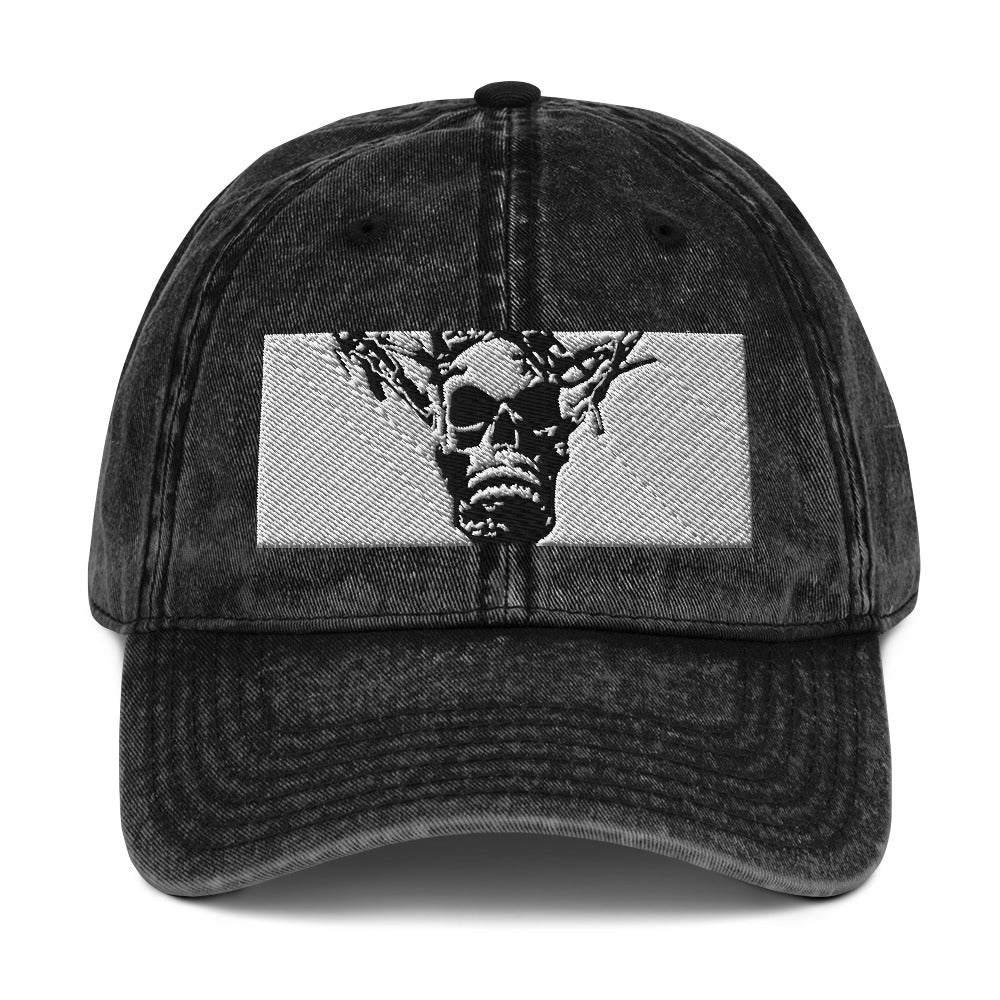 Skull Warrior Stare (Black & White) - Vintage Cotton Twill Hat - Fry1Productions