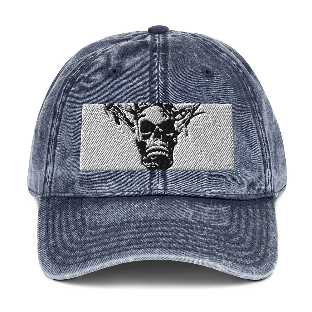 Skull Warrior Stare (Black & White) - Vintage Cotton Twill Hat - Fry1Productions