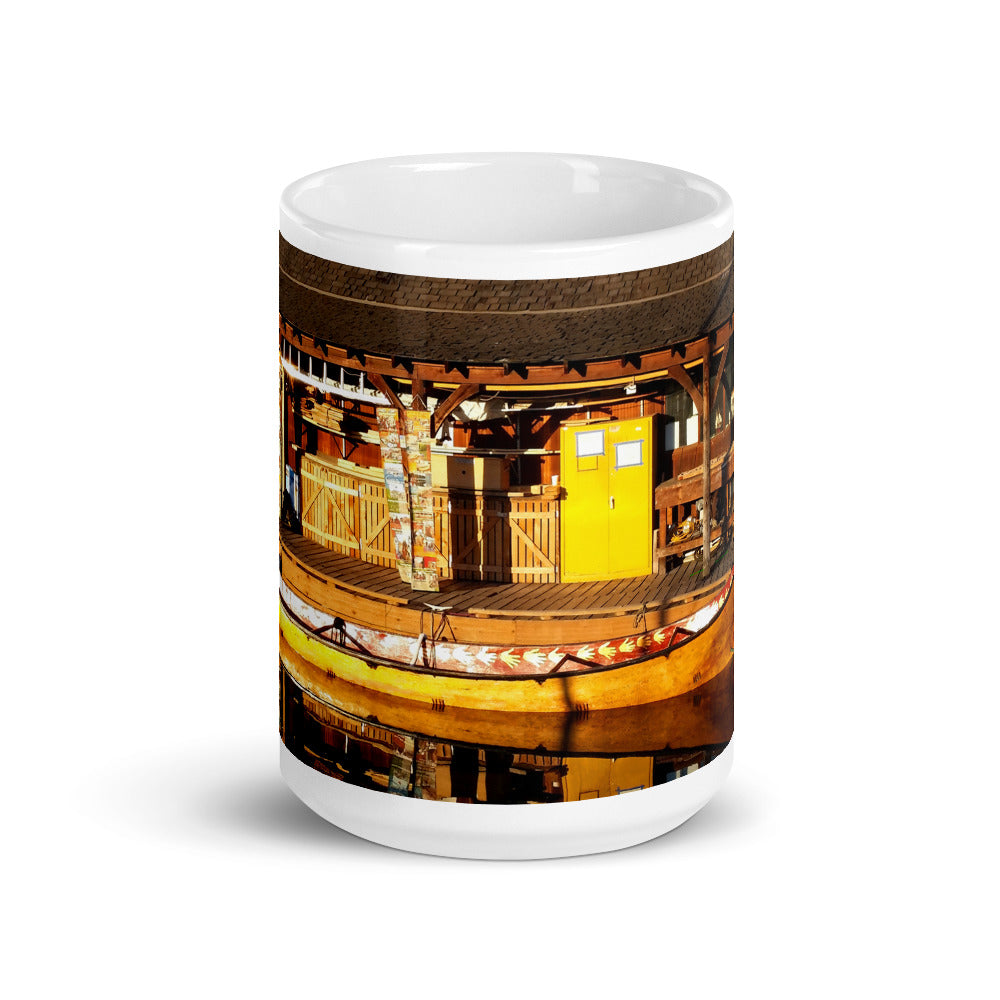 Hand Carved Canoe Reflections - 15 oz Ceramic white glossy mug - Fry1Productions