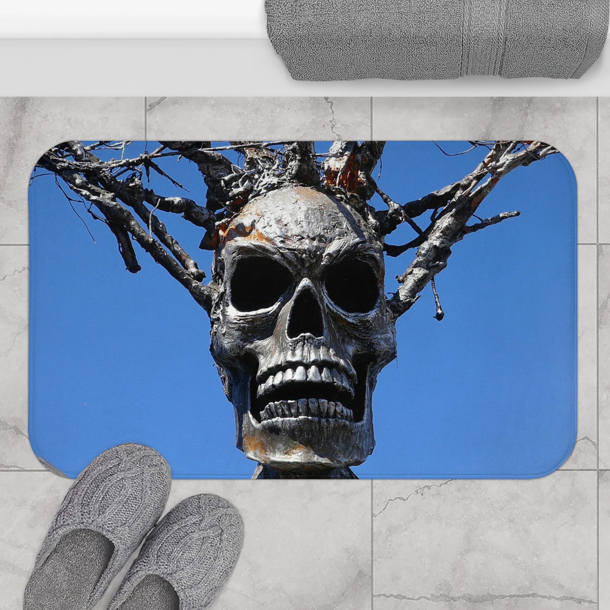 Skull Warrior Stare (closeup) - Microfiber Bath Mat - Fry1Productions