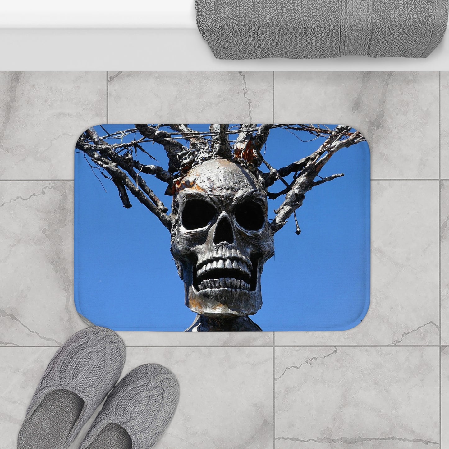 Skull Warrior Stare (closeup) - Microfiber Bath Mat - Fry1Productions