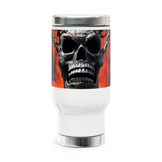 Skull Warrior Inferno Stare - Stainless Steel Travel Mug with Handle, 14oz