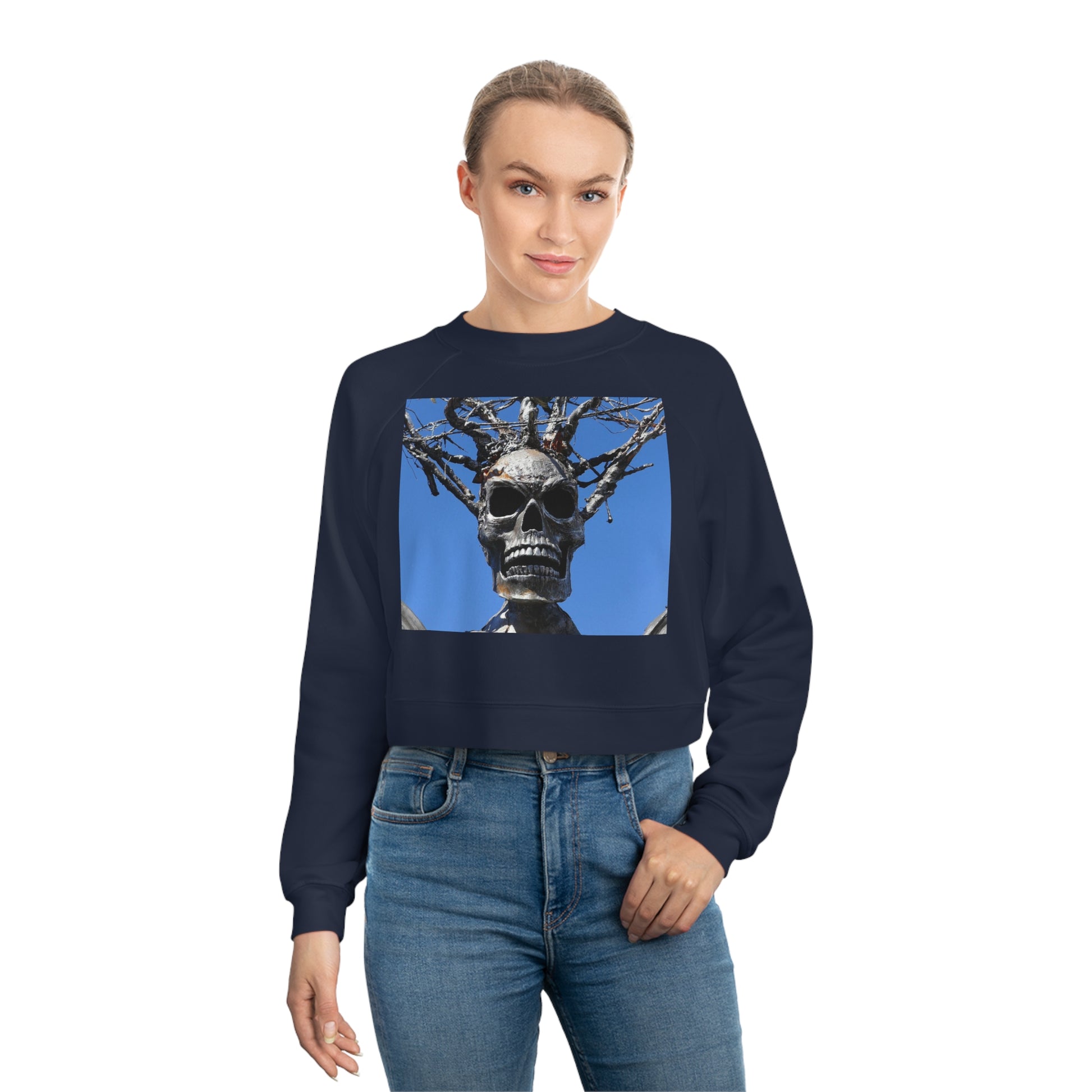 Skull Warrior Stare - Women's Cropped Fleece Pullover - Fry1Productions