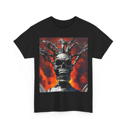 Skull Warrior Inferno Stare (Image on; Front & Back) - Unisex Heavy Cotton Tee - Fry1Productions