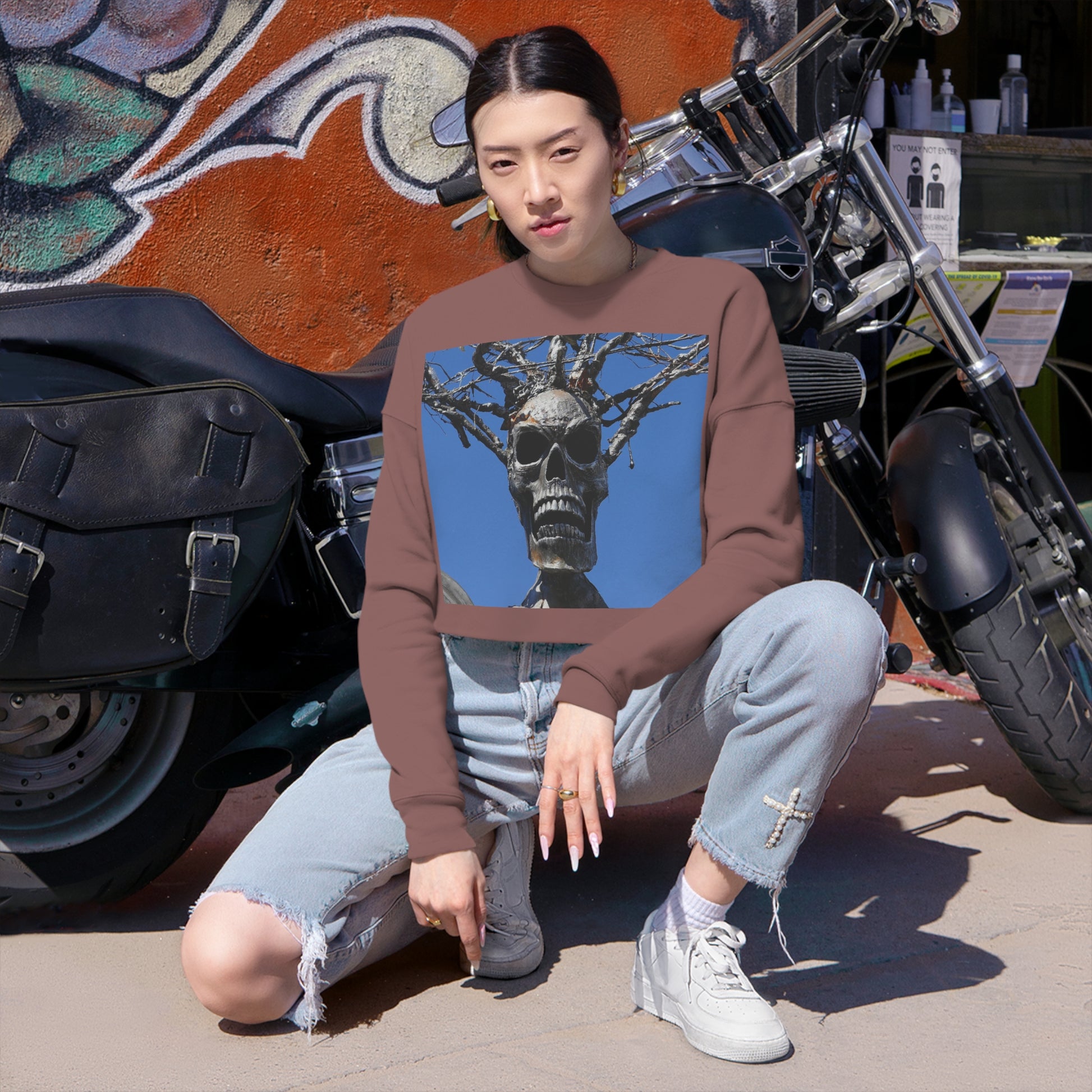 Skull Warrior Stare - Women's Cropped Sweatshirt - Fry1Productions
