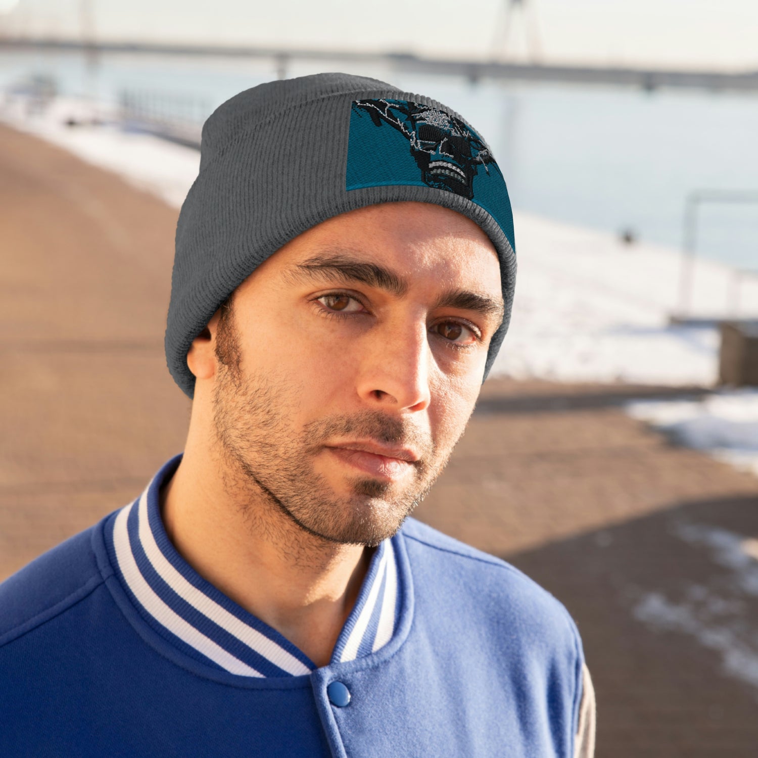 Skull Warrior Stare (color) - Unisex Knit Beanie - Fry1Productions