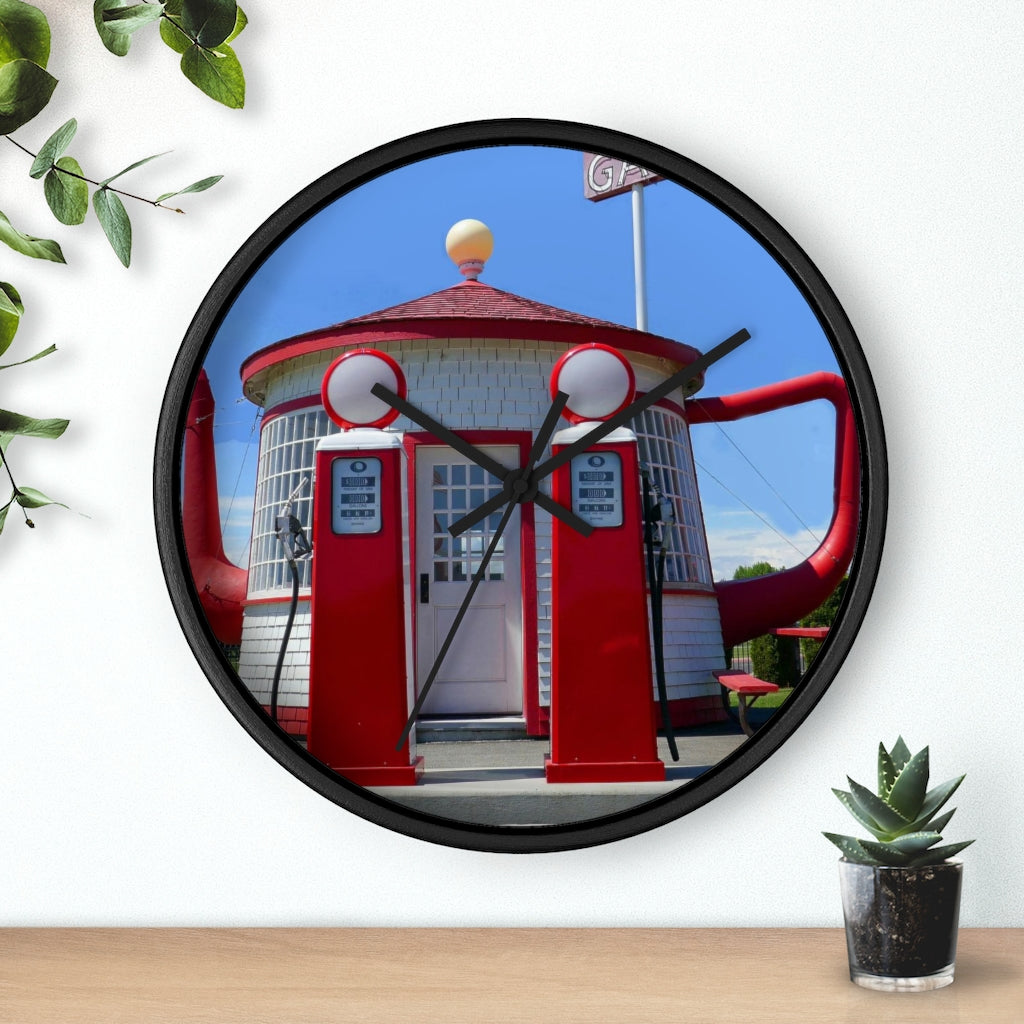 "Awesome Teapot Dome Service Station"- 10" Wooden Frame Wall Clock - Fry1Productions