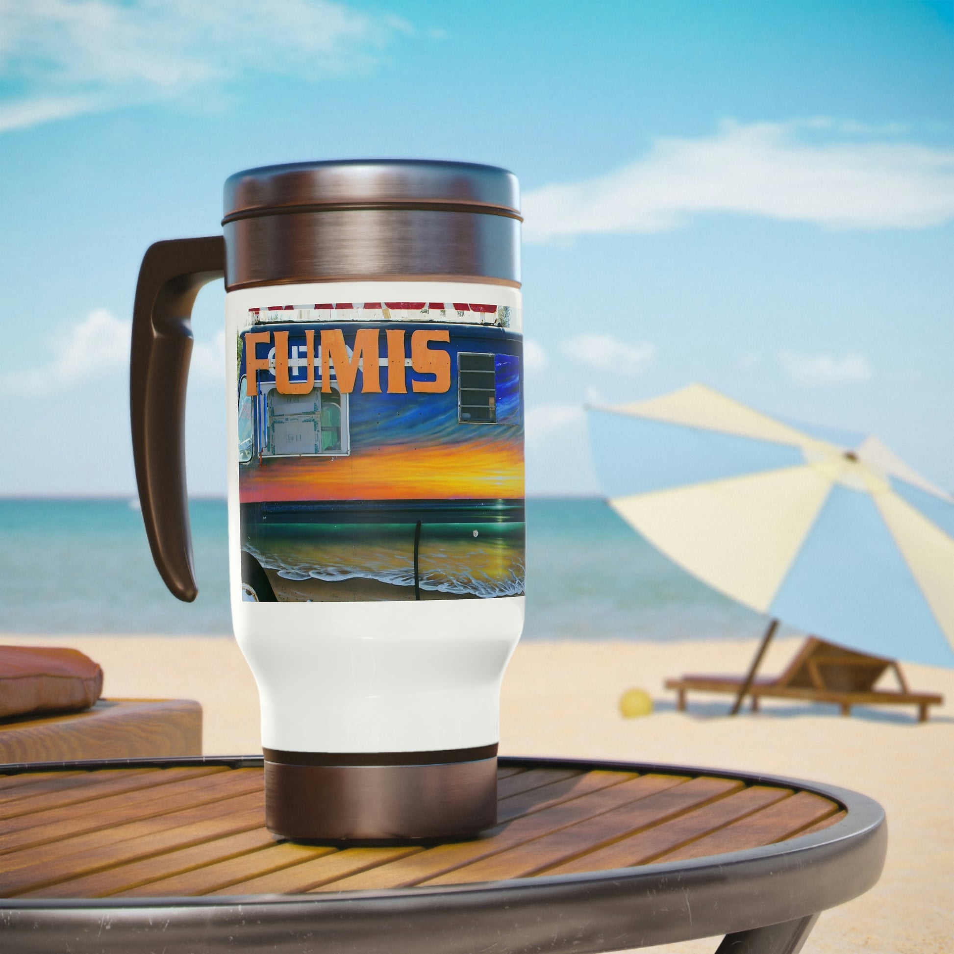 Fumis Aloha - Stainless Steel Travel Mug with Handle, 14oz - Fry1Productions