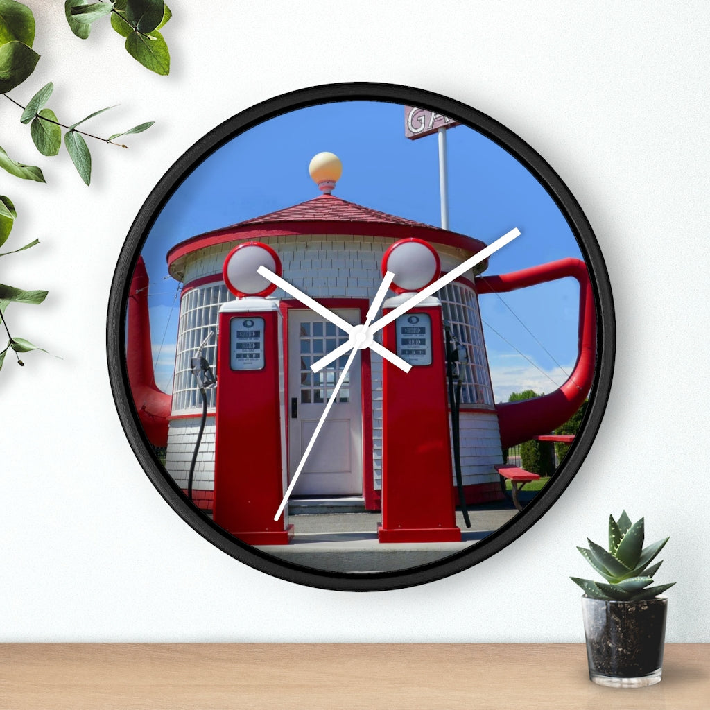 "Awesome Teapot Dome Service Station"- 10" Wooden Frame Wall Clock - Fry1Productions