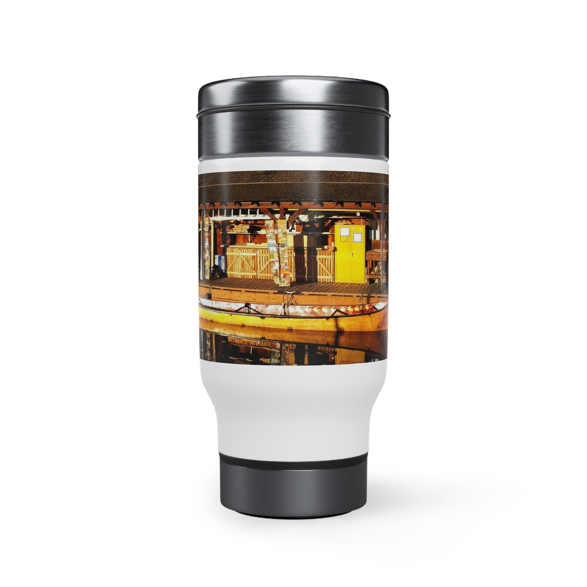 Hand Carved Canoe Reflections - Stainless Steel Travel Mug with Handle, 14oz - Fry1Productions