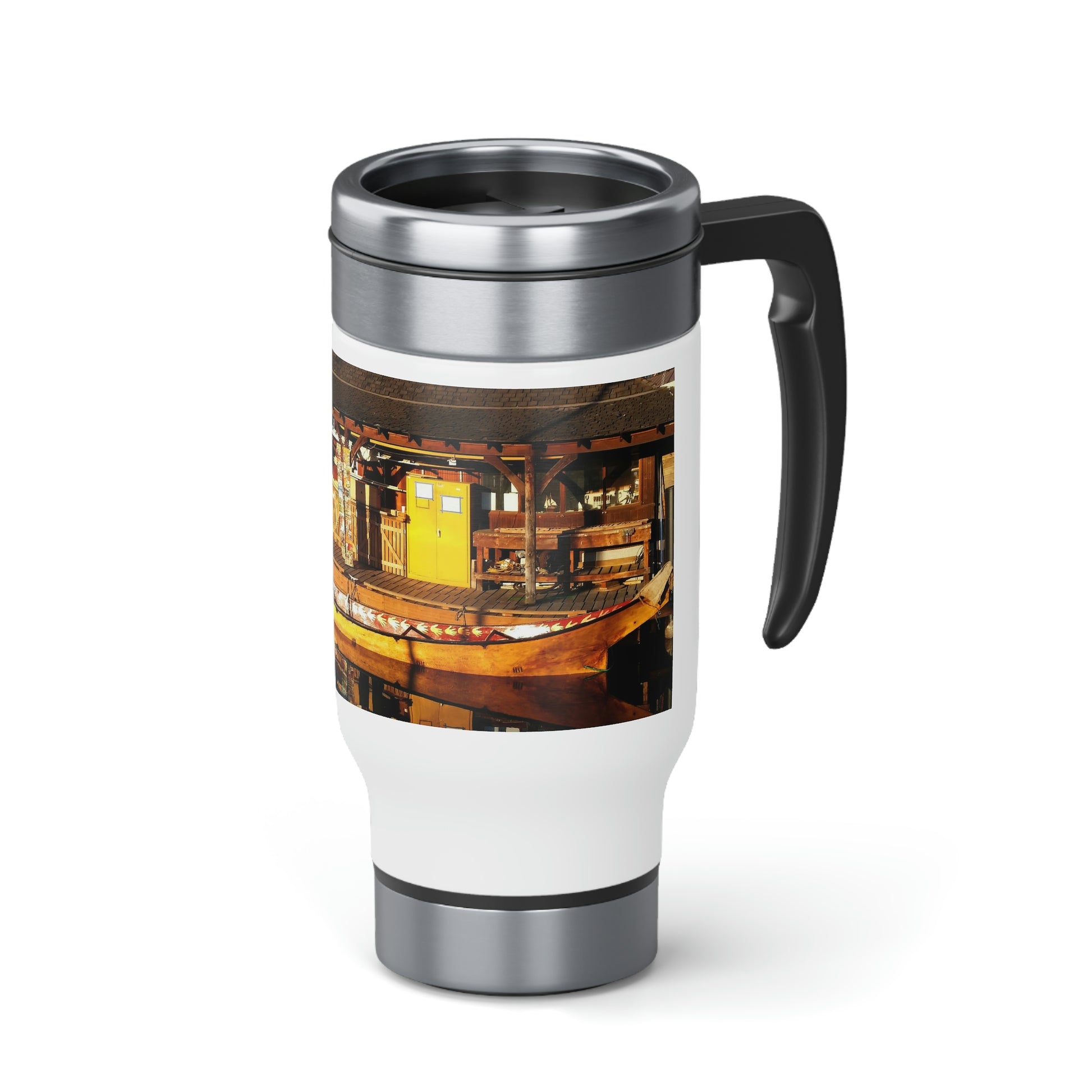 Hand Carved Canoe Reflections - Stainless Steel Travel Mug with Handle, 14oz - Fry1Productions