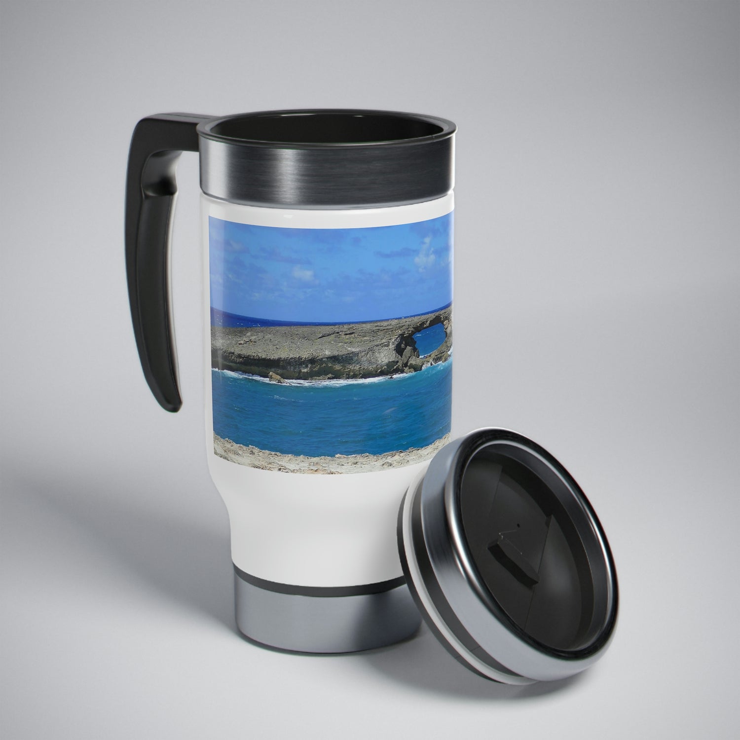 La'ie's Sea Arch Hole - Stainless Steel Travel Mug with Handle, 14oz - Fry1Productions