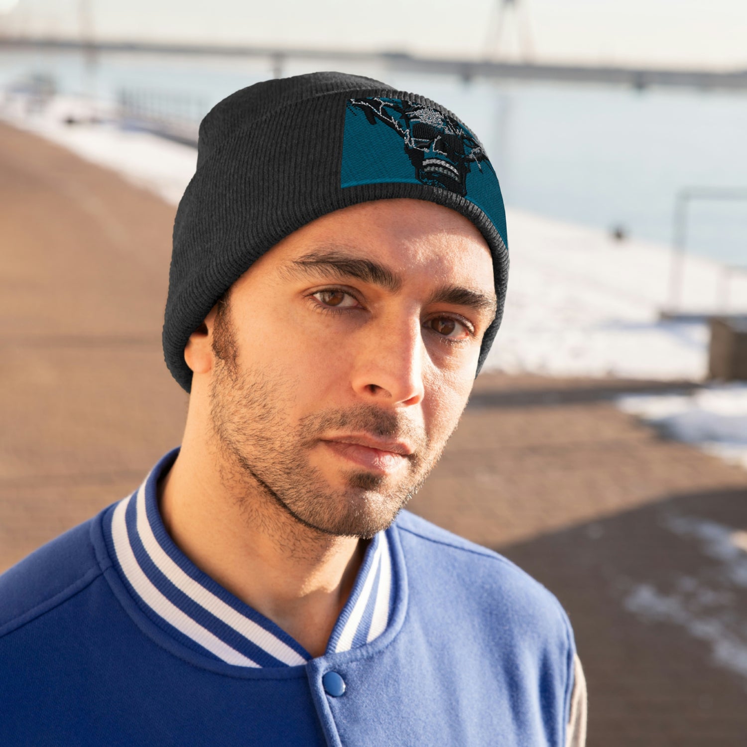 Skull Warrior Stare (color) - Unisex Knit Beanie - Fry1Productions